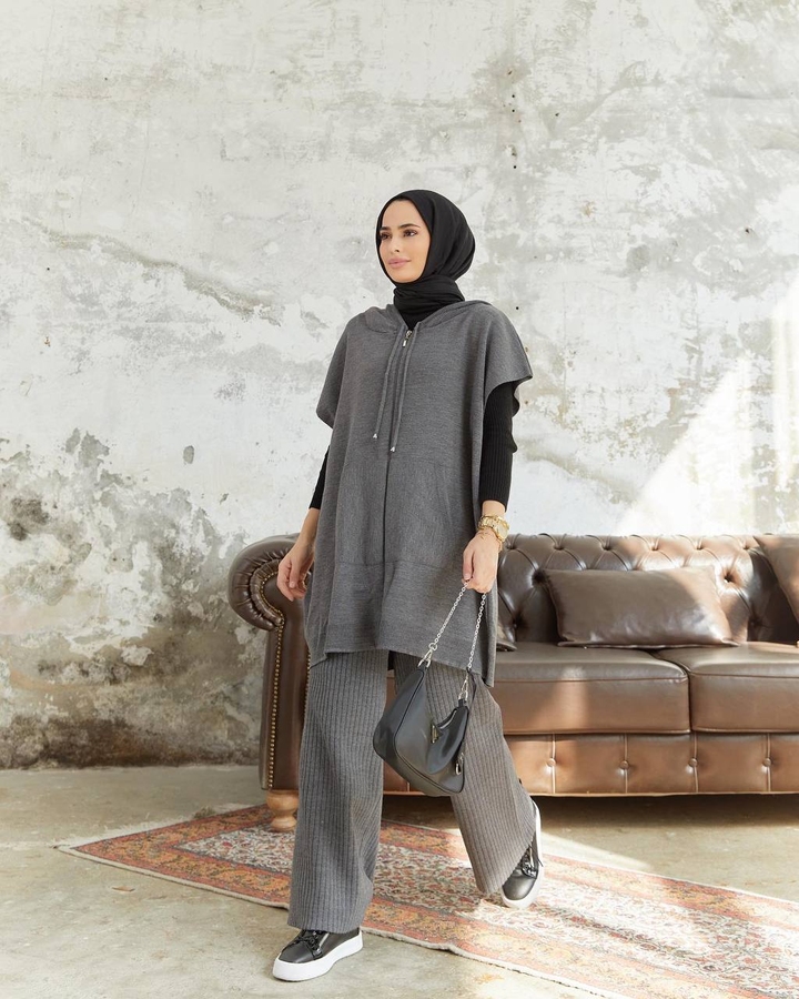 Long Hijab 2-teiliges Strickset - dunkelgrau