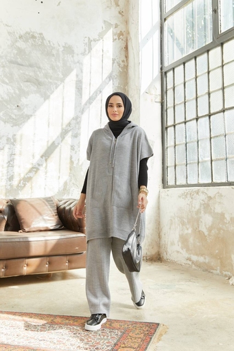 Long Hijab 2-teiliges Strickset - Grau - Thumbnail
