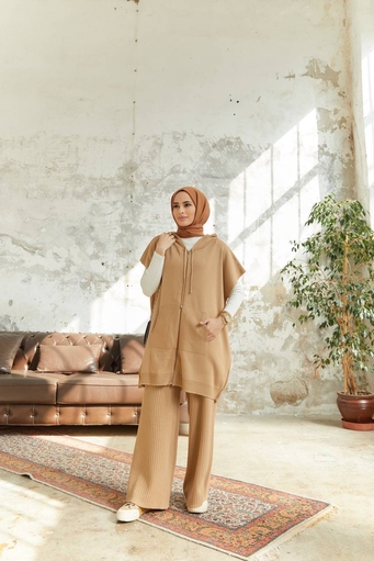 Long Hijab 2 Piece Knitwear Set - Crème - Thumbnail