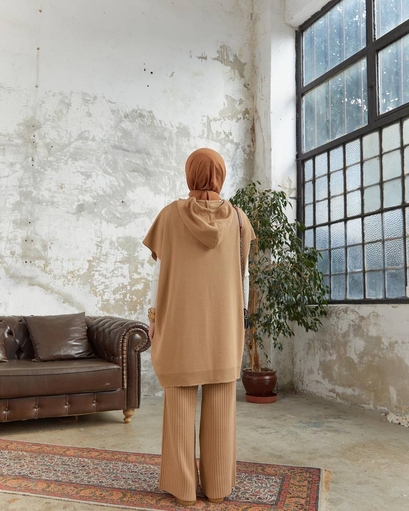 Long Hijab 2 Piece Knitwear Set - Crème - Thumbnail