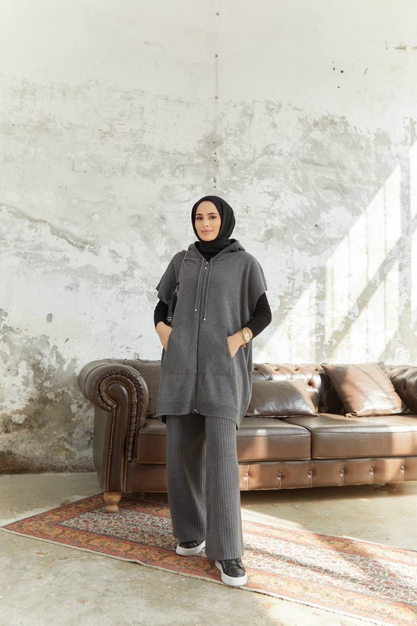 Long Hijab 2 Piece Knitwear Set - Fumé