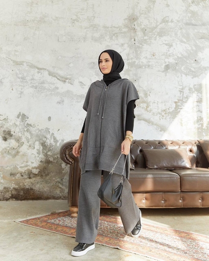 Long Hijab 2 Piece Knitwear Set - Fumé - Thumbnail