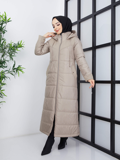 Manteau long à capuche gonflable - Créme - Thumbnail