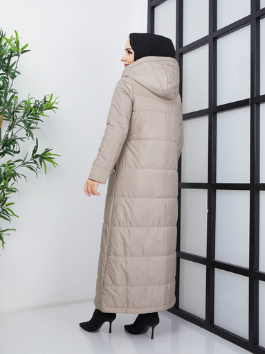 Manteau long à capuche gonflable - Créme - Thumbnail