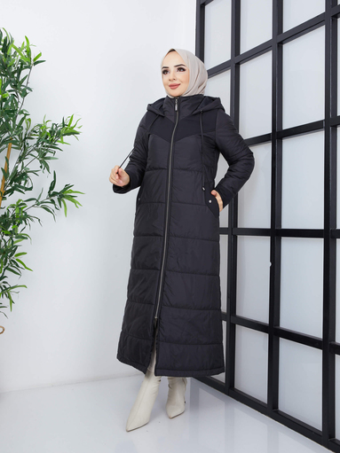 Manteau long à capuche gonflable - Noir - Thumbnail