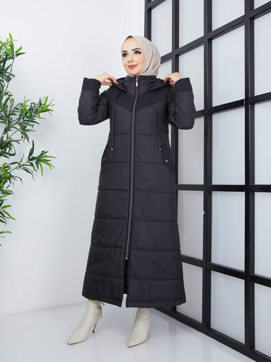Manteau long à capuche gonflable - Noir - Thumbnail