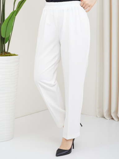 Pantalon Carotte Taille Elastique Blanc - Thumbnail