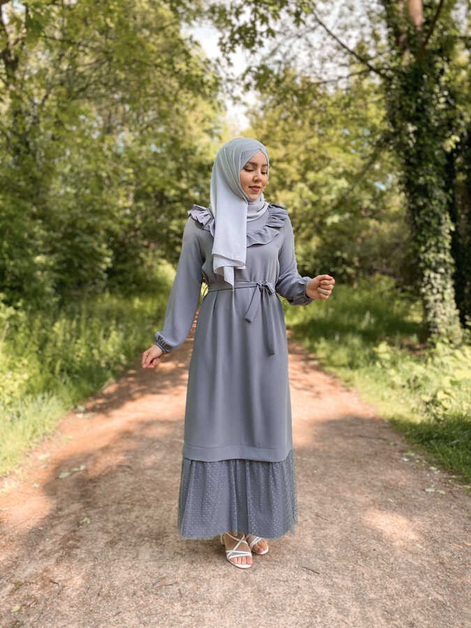 Robe Hijab Détail Volants Gris