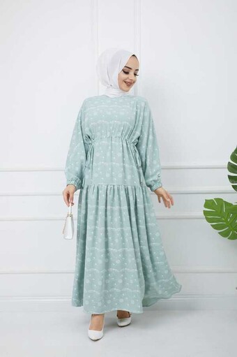 Robe Hijab İmprimée Vert d'eau - Thumbnail