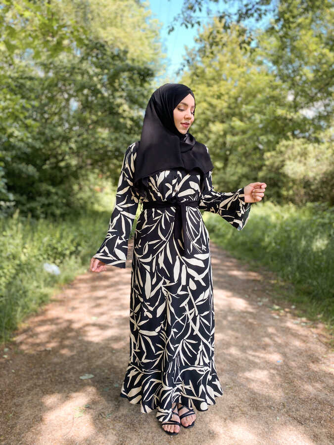 Robe Hijab Motif Feuilles Noir