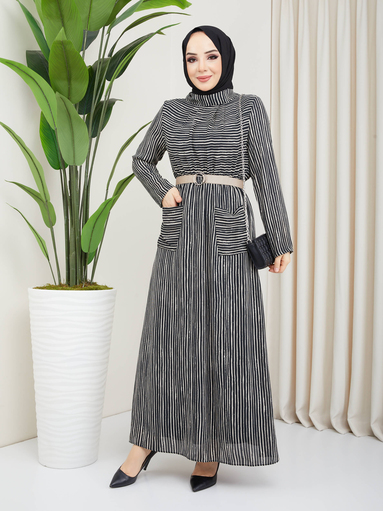Robe Hijab Rayée Avec Poches Noir - Thumbnail