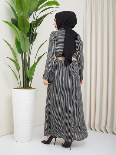 Robe Hijab Rayée Avec Poches Noir - Thumbnail