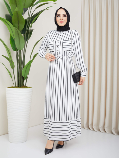 Robe Hijab Rayée Blanc - Thumbnail