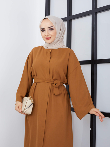 Robe abaya ceinturée Camel - Thumbnail