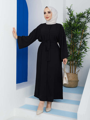 Robe abaya ceinturée Noir - Thumbnail