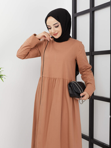 Robe Hijab Détaillée À Rayures Shabby - Marron - Thumbnail