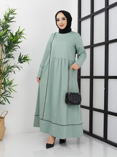 Robe Hijab Détaillée À Rayures Shabby - Vert - Thumbnail