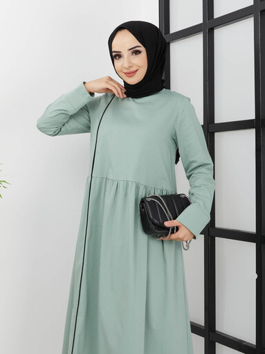 Robe Hijab Détaillée À Rayures Shabby - Vert - Thumbnail