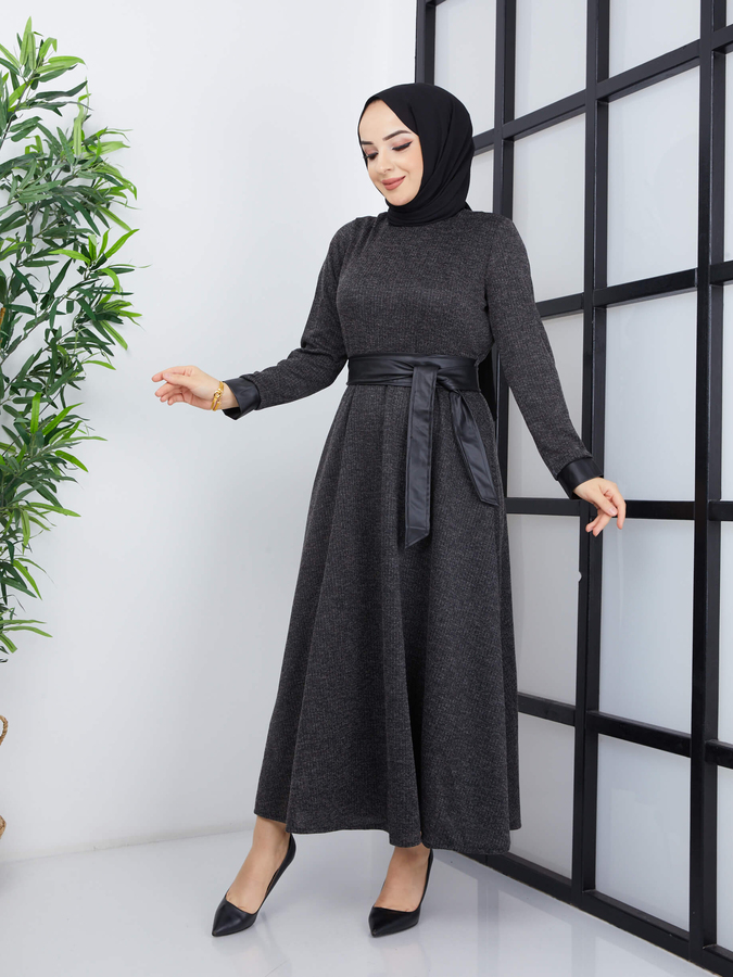 Robe Hijab Longue Ceinturée - Anthracite