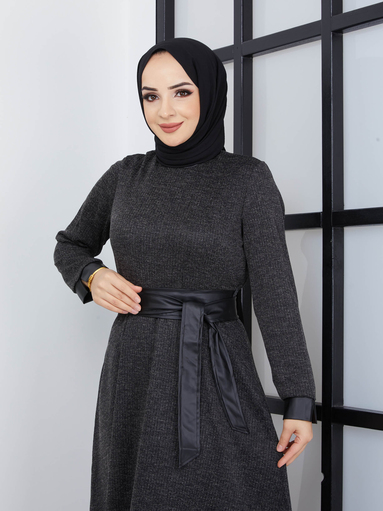 Robe Hijab Longue Ceinturée - Anthracite - Thumbnail