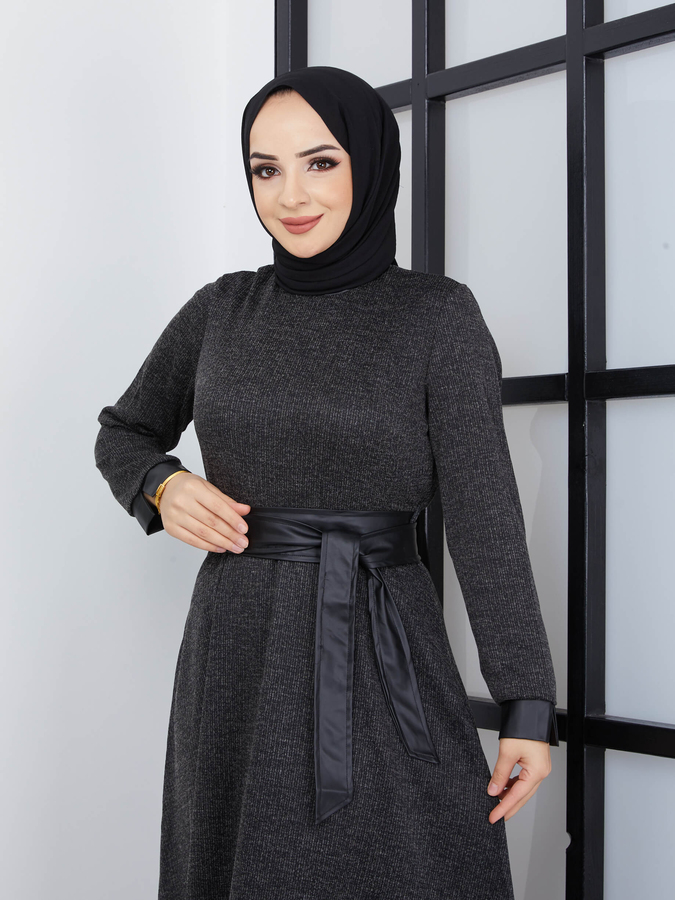 Robe Hijab Longue Ceinturée - Anthracite