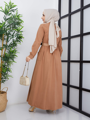 Robe Hijab Longue Ceinturée - Crème - Thumbnail