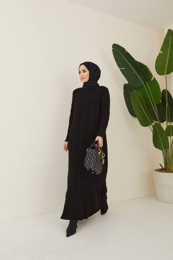 Robe Longue En Maille Hijab - Noir - Thumbnail