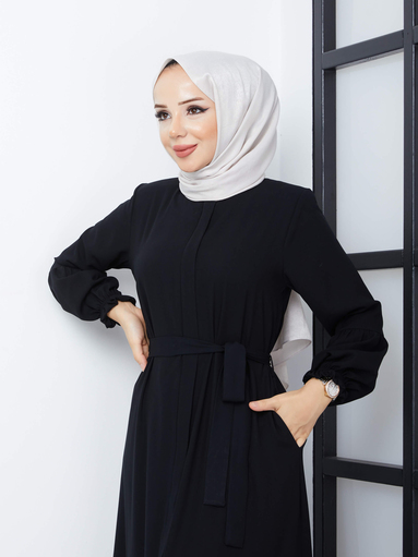 Rock plissiert Hijab Abaya - Schwarz - Thumbnail