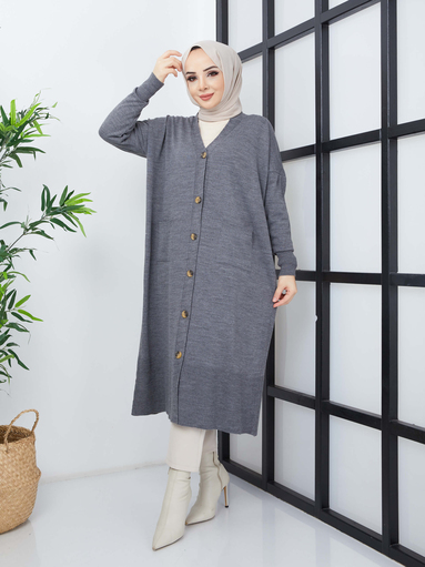 Taschen Lange Hijab-Strickjacke - Grau - Thumbnail