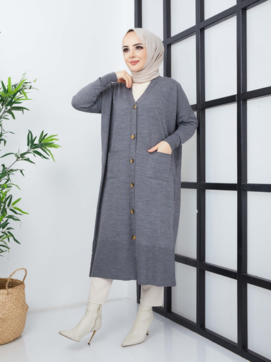 Taschen Lange Hijab-Strickjacke - Grau - Thumbnail