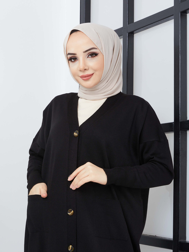 Taschen Lange Hijab-Strickjacke - Schwarz - Thumbnail