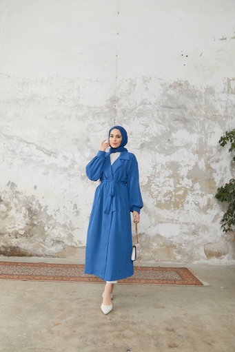 Veste Hijab Long Ceinturé - Bleu - Thumbnail