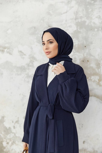 Veste Hijab Longue Ceinturée - Bleu Marine - Thumbnail