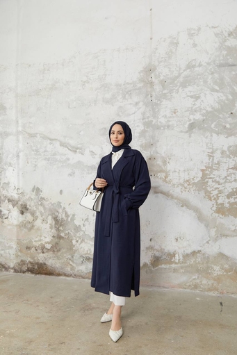 Veste Hijab Longue Ceinturée - Bleu Marine - Thumbnail