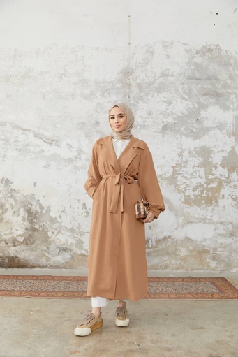 Veste Hijab Longue Ceinturée - Crème - Thumbnail